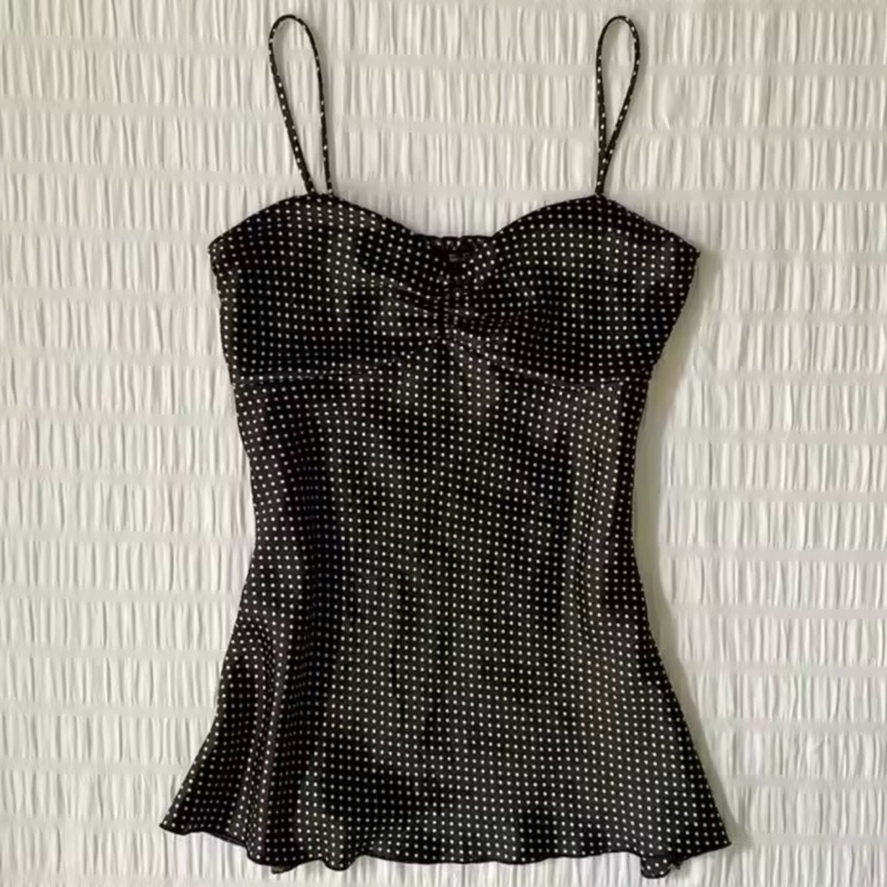 Black Polka Dot Spaghetti-Strap Satin Camisole